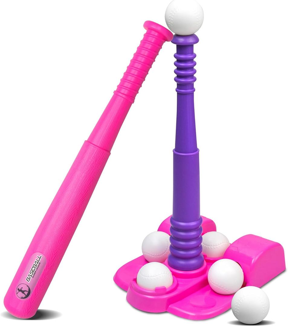 T Ball Stand for Girls 3-5, 5-8. Baseball Set Includes 6 Large Balls, an Adjustable Tball Batting Tee, and a Storage Net. Kids Bat and Ball, T-Ball Sets for Kids