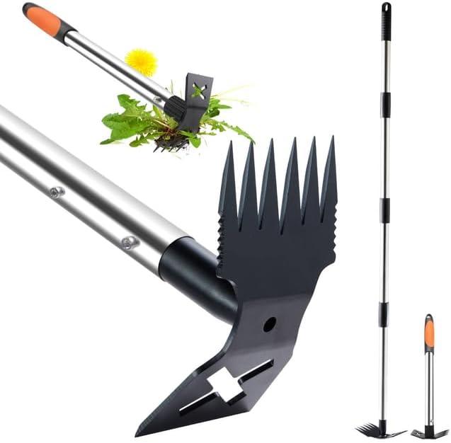 60" Weed Puller Tool with Long Handle and 17" Weeding Tools Gardening Set, Dual Side Hand Weed Rake and Hoe Garden Weeder, Uprooting Weed Pulling Remover Tool for Yard, Patio, Lawn and Garden Planting