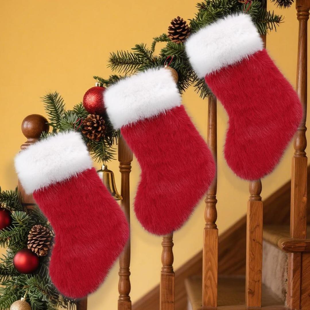 HAOAN 3 PCS Faux Fur Christmas Stockings Hanging Decorations Candy Gift Bags for Fireplace Decor Xmas Ornaments (Redwhite)