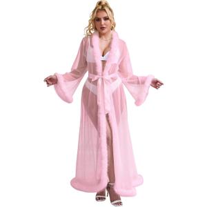 comeondear Women Lace Gown Kimono Robe with Fur Sexy Cover Up Chemise Bride Bathrobe Sleepwear (3X-Large-4X-Large, Pink)