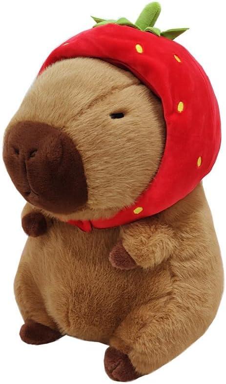 Cute Capybara Plush Wearing Strawberry Hat, 12inch Kawaii Capybara Stuffed Animal Soft Stuffed Toy Fruit Plushies Birthday for Kids