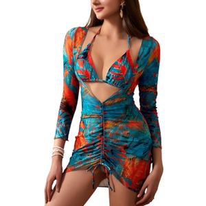 OYOANGLE Women's 3 Piece Swimsuit Floral Print Halter Bikini Set Bathing Suit with Beach Cover Ups (X-Large, Blue Orange)