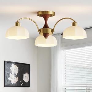 Milk Glass Chandelier Farmhouse Rustic Semi Flush Mount Ceiling Lamp Frosted White Globe Pendant Light Mid Century Modern Wood Grain Chandelier Sputnik Ceiling Lights (3- Light)