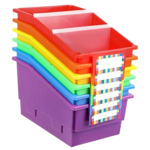 6 Pack Picture Book Bins with Dividers Plastic Book Holders with Labels Stackable Classroom Organization Bins Magazine File Binder Holder Storage Container for Classroom Library Home Office(Colorful)