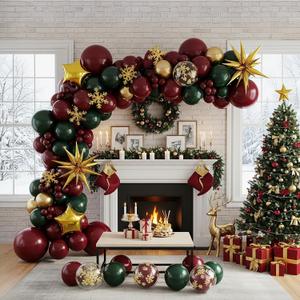 Christmas party decorations with Maroon Hunter Green Gold confetti Balloon arch & foil Star balloons & Artificial Snowflake Xmas Garland for Winter friendsmas new year party decorations (Maroon)