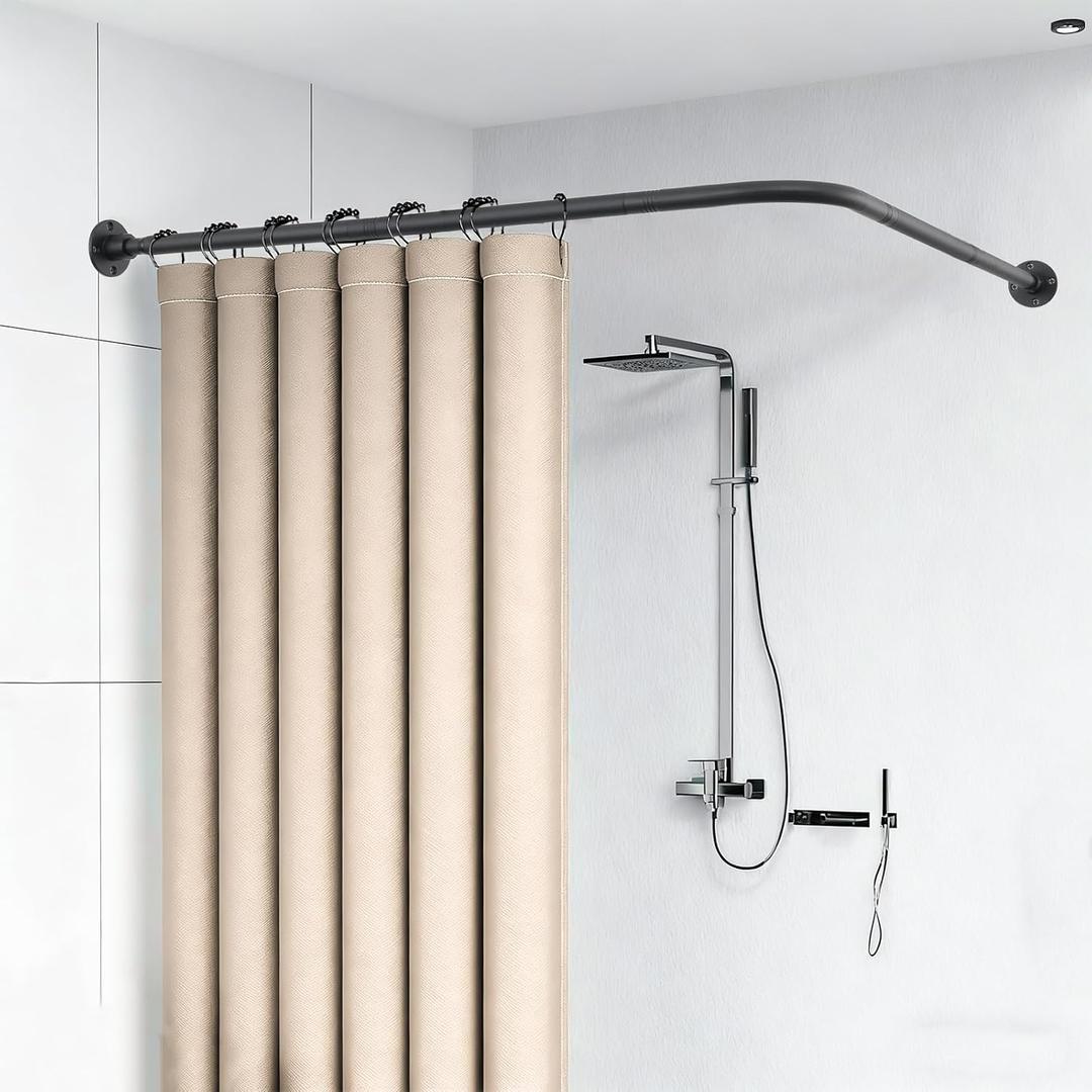 Corner Shower Curtain Rod, 30"-44.3" x 30"-44.3" Adjustable L Shaped Shower Curtain Rod, Industrial Shower Pole Wall Mounted for Bathroom,Closet,Room Divider,Outdoor Patio, Black