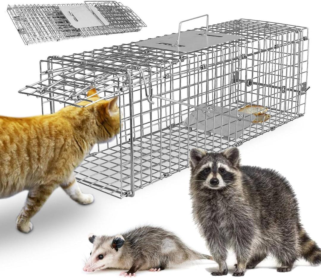 Live Animal Cage Trap, Collapsible Humane Live Animal Cage Trap, Galvanized Steel Humane Live Trap Cage for Rabbit,Stray Cat, Groundhog, Raccoon, Squirrel, Chipmunk, Mole, Gopher, Skunk, 24"x7.3"x8"