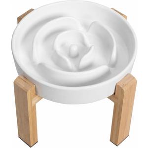 Elevated Slow Feeder Dog Bowl - Ceramic Food Dish with Bamboo Stand - Raised Maze Design - Ideal for Medium to Large Dogs - White - 8.8 inch