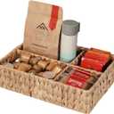 PINXIURY Water Hyacinth tea bag holder, Coffee pod Storage Baskets with Dividers, Woven Coffee and Tea Wicker Organizer, Home Storage, for Bathroom, Living Room, Office, Pantry Room, Kichen Island
