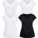 Womens Casual Tops V Neck Cap Sleeve T Shirt Loose Fit Summer Basic Tee for Spring Fashion, Vacation Beach Wear XL Size, Pack of 4