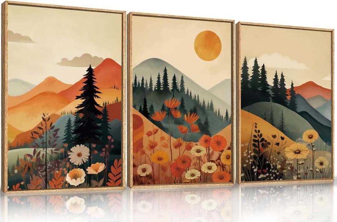 LHIUEM Large Boho Mountain Sunset Framed Canvas Wall Art Set, Pine Tree Flowers Wall Decor, Nature Landscape Forest Artwork for Living Room,Bedroom,Dining Room,Office -16"x24"x3
