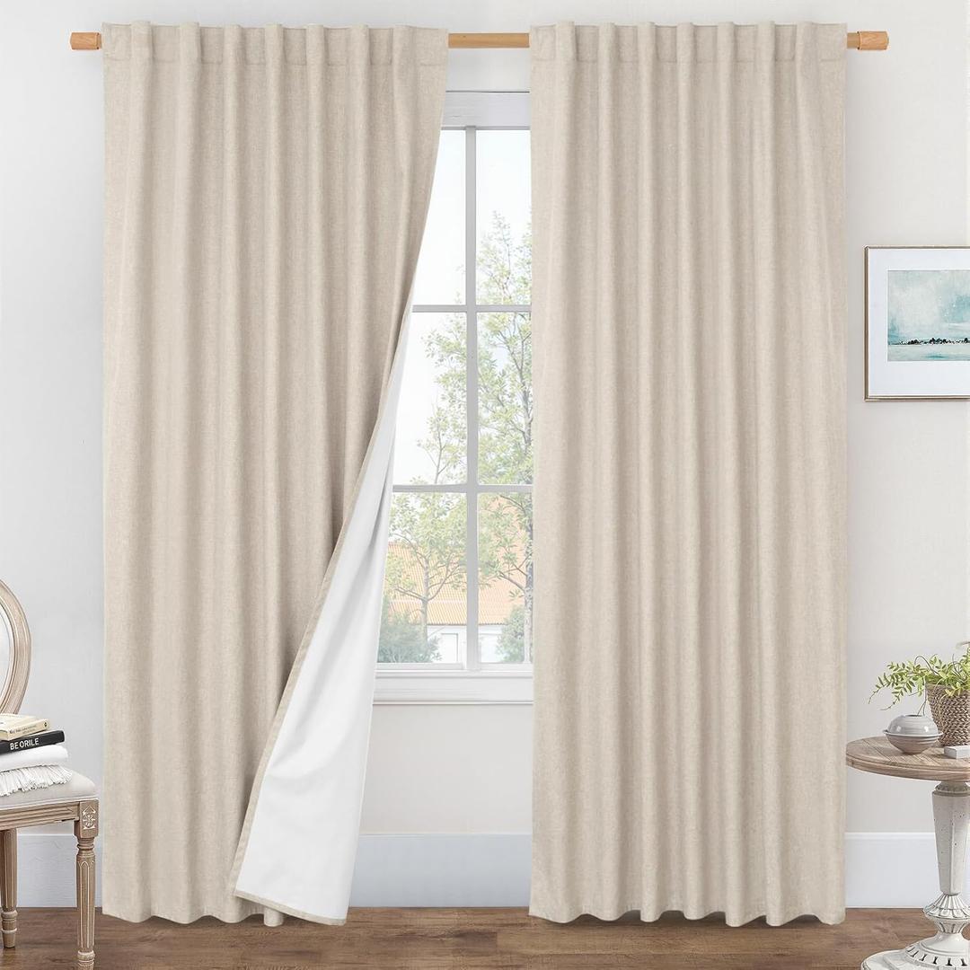 LAMIT Oatmeal 100% Blackout Linen Curtains, 84 Inch Linen Textured Living Room Farmhouse Curtains Room Darkening Back Tab and Rod Pocket Burlap Neutral Panels with White Liner, 2 Panels, 60 x 84 Inch