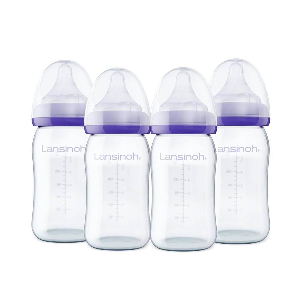 Lansinoh Anti-Colic Glass Baby Bottles, 5 Ounces, 4 Count Bottles for Feeding, Baby Essentials, Includes 4 Slow Flow Nipples, Size M
