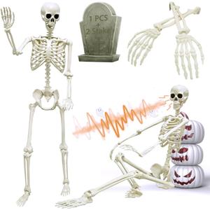 5.4ft/165cm Halloween Skeleton, Life Size Posable Skeleton with Glowing Eyes Creepy Sound, Full Body Realistic Human Bones with 2 Arm Stake for Halloween Indoor Outdoor Haunted House Decoration