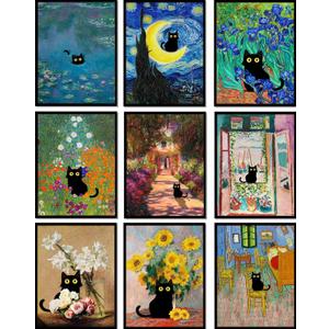 9Pcs Funny Black Cat Wall Art Cats in Famous Paintings Posters Prints Vintage Gallery Wall Decor Pictures Eclectic Cute Preppy Aesthetic Room Decor,Unframed (8"X10"X9PCS)