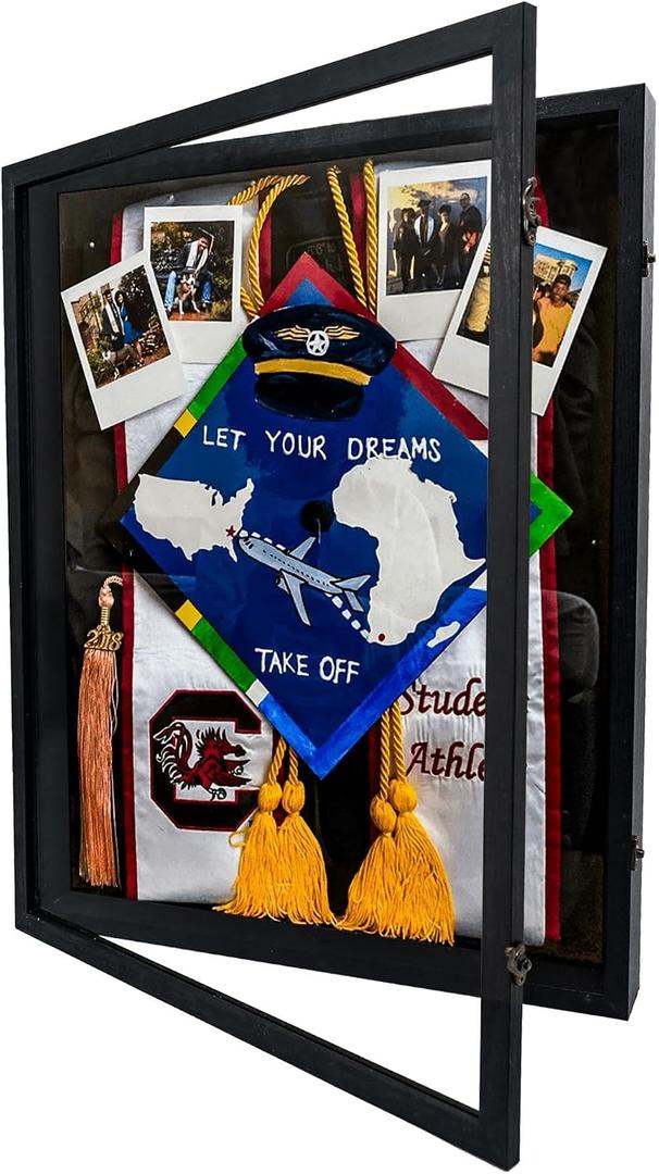 Shadow Box Frame 18x24, Wood Shadow Box Display Case with Glass Window Metal Lock, Memory Box for Memorabilia Awards Medals Photos Black