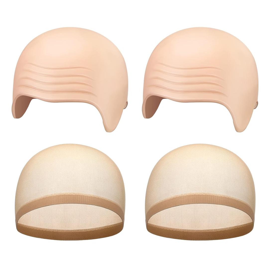 WILLBOND 4 Pcs Halloween Bald Caps Makeup Latex Bald Caps Head Wig hat Costume Accessories for Adults(Skin Color,Simple Style) (Simple Style, Skin Color)