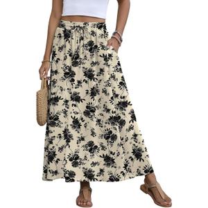 Women's Maxi Skirt Summer 2025 Pleated Flowy Elastic High Waisted Skirts with Pockets (Medium, Black Floral Light Beige)