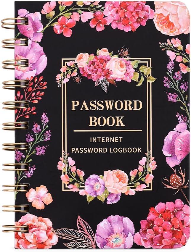 Iceemee Password Keeper Book with Alphabetical TabsSmall Password Books Password Notebook for Internet Website Address Log in Detail, Password Logbook Gifts for Home and Office (Flower Black)