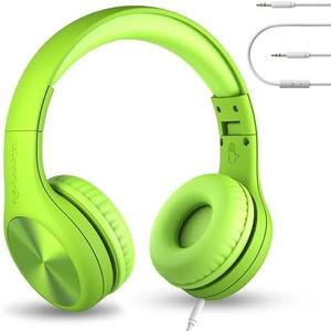 LilGadgets Connect+ Pro Wired Kids Headphones for School with Microphone, Volume Limiting Over-Ear Headset with Cord, SharePort Technology & SoftTouch Padding, Green