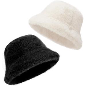 Fluffy Faux Fur Winter Bucket Hat for Women and Men - Solid Color Fisherman Cap, Soft Warm Plush Winter Hat with Foldable Brim for Cold Weather (Black)