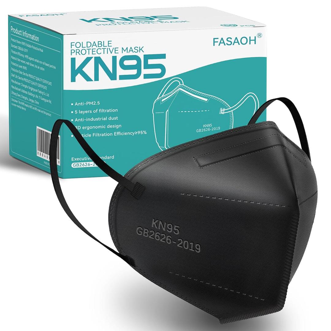 KN95 Face Masks 50 PCS 5-Ply Black Masks Breathable Elastic Ear Loops Cup Dust Safety Mask Filter Efficiency≥95%, 100 Count