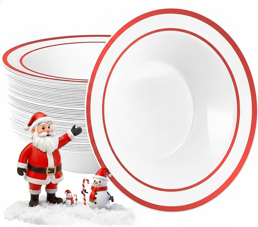 Goodluck 50 Pack Plastic Bowls with Red Rim, 12oz Disposable Soup Bowls, Heavy Duty Dessert Bowls for Weddings, Parties, Valentine's Day Dinners, Catering, Thanksgiving and Everyday Use
