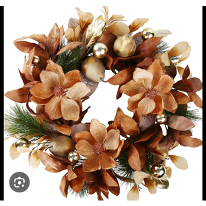 BINFEN 24" Winter Wreaths for Front Door, Gold-Brown Leaves Balls Pears Magnolia Flowers Christmas Wreath, Door Reef for Windows Fireplaces Walls, Front Porch Indoor and Outdoor Decor
