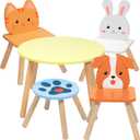 Kids Wooden Animal Table & Chair Set w 4 Seats- Puppy Kitten Bunny Plus Adult Stool for Arts & Crafts, Coloring, Activity, Dining, Pretend Play- Toddler Playroom Furniture for Home, Daycare Classroom, Onesize