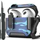 3 x RFUNGUANGO for AirPods 3 Case Cover with Cleaning Kit and Carabiner, Safety Lock and Automatic Pop-up, Compatible with Airpods 3rd Generation Case, Support Wireless Charging, Blue Camo