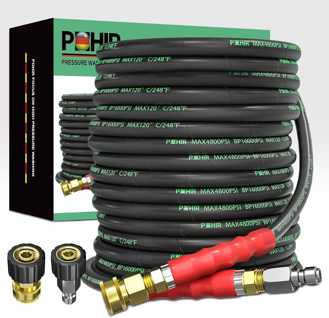 POHIR Pressure Washer Hose 70 FT3/8 Inch 4800psi for Cold and Hot Water Max 248F With 3/8 Inch Quick Connect Kink Resistant High Tensile Wire Braided, M22 Swivel to 3/8 Adapter Set 2pcs