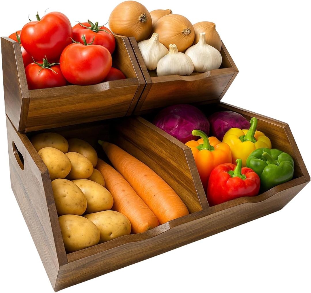 LUSHZLUMBERA Acacia Wood Pantry Storage Bins, Stackable Storage Baskets Potato and Onion Storage Bins, Pantry Organizer Wooden Baskets Organization and Storage, Set 3 Pieces