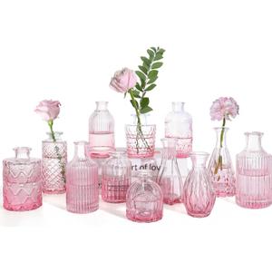 Valentine's Day Pink Glass Bud Vases Set of 12, Vintage Mini Vases for Centerpieces, Glass Bud Vase in Bulk for Wedding Decor, Single Flowers, Office and Home Table Flower Dcor