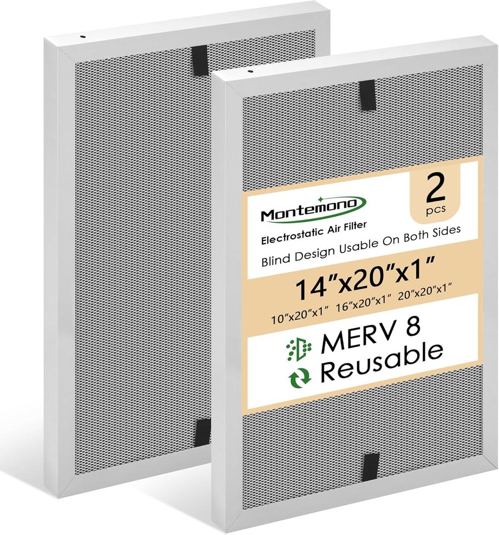 14x20x1 HVAC Filter | MERV8 Aluminum Electrostatic Air Filter Replacement Washable Furnace Filters Reusable Furnace Center AC Filter for Home, 2 PCS