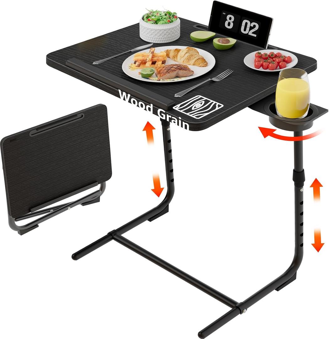 Adjustable TV Tray Black Dinner - Folding Trays for Eating On Couch Wooden Tables Mate Stand Foldable Desk with Cup Holder Portable, 20.5" x 15.5" x 22.3"-29"