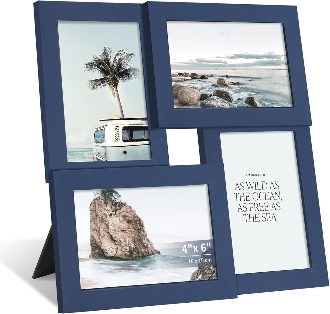 4x6 Collage Picture Frame with Real Glass, 4 Opening Wooden Photo Collage Frame with Stand, Family Multi Picture Frame for Wall or Tabletop Display, 4 Photo Gallery Frame for Home Decor, Navy Blue