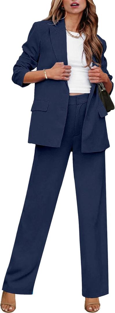 luvamia 2 Piece Outfits for Women Dressy Long Blazer Jackets High Waisted Wide Leg Pants Suits Set Business Casual Office (X-Small, Navy Blue)