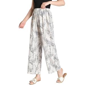 Hbasyp Chinese Style Women's Pants Loose Palazzo Pants Elastic Leisure White