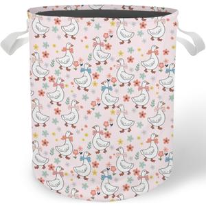 Pink Floral Goose Nursery Laundry Basket, Coquette Bow Cute Goose Laundry Basket Hamper Waterproof Collapsible Clothes Toys Storage Bin for Bedroom Bathroom Kids Room, Toybox for Girls, 14.2" x 14.2" x 17.7"
