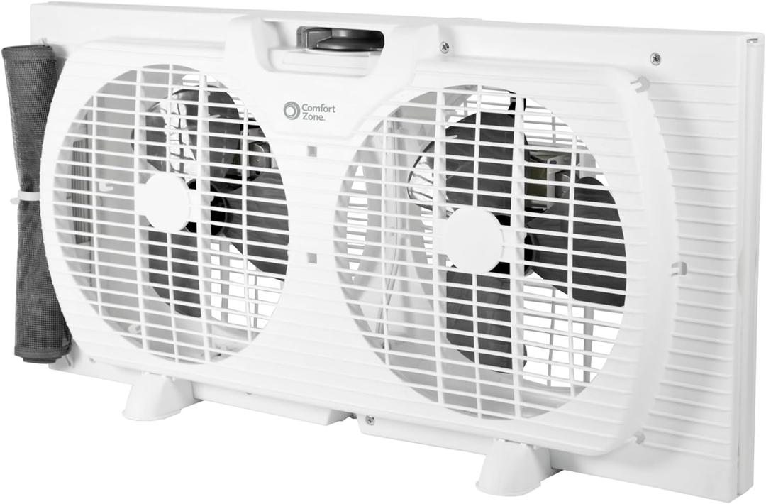 Comfort Zone 9-Inch 3-Speed Reversible Twin Window Fan Dual Blade Window Exhaust Fan with Auto-Locking Expanders, 22.25" to 33" Wide Tabletop Feet & Removable Bug Screen included