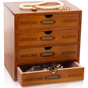 Wesiti 4 Drawer Vintage Wooden Desk Organizer, Apothecary Cabinet Storage Drawers, Rustic Shelf Drawer, Home Office Organizers and Accessories, Embroidery Floss, Craft, Art, Jewelry Storage, Stackable (Brown)