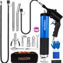 Pneumatic Grease GunKit 6000 PSI Heavy Duty 14 OZ Pistol Grip Grease Guns with 19" & 28" Spring Flex Hose,Quick Release Coupler,90 Degree Adapter,2 Needle Tips,2 Nozzles,2 Extension Tubes