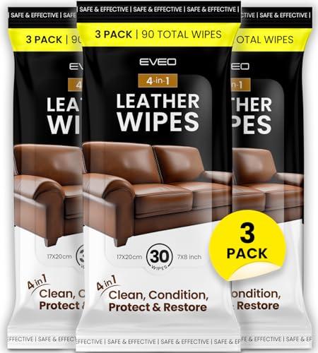 EVEO Leather Cleaner Wipes 4-in-1 Leather Cleaner and Conditioner for Furniture - Leather Couch Cleaner, Car, Shoes & Purses – UV Protection, XL Moistened Wipes Restore & Protect – 3 Pack (90 Total)