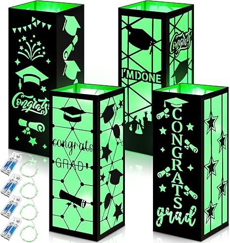 Feifeiya 4 Pcs 2025 Graduation Table Centerpieces Boxes 2025 Graduation Table Lanterns with LED String Lights for Congrats Grad College Party Supplies, 10.63 x 3.94 Inches(Blue)