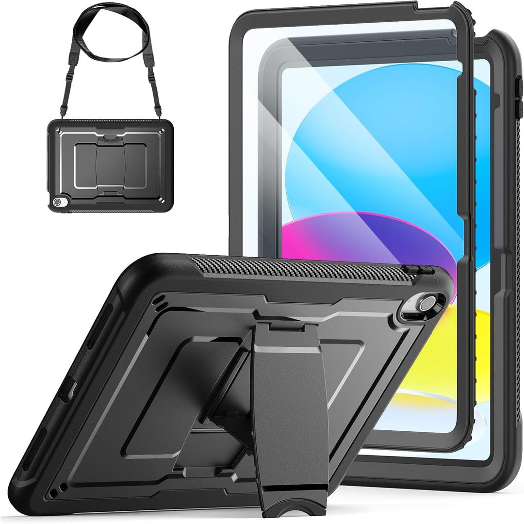 SEYMAC stock Case for iPad (A16) 11th/10th Generation 11''/10.9'' 2025/2022, with Built-in Screen Protector, Shoulder Strap, Built-in Kickstand, Rugged Full Body Shockproof Protective Case, Black