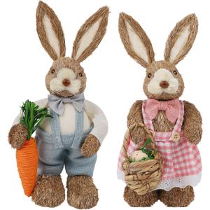 DR.DUDU Set of 2 Easter Decorations for Home- 14" Sisal Bunny Figurines with Carrot & Egg, Spring Straw Bunny Couple Farmhouse Centerpieces for Tables, Easter Rabbits Decor