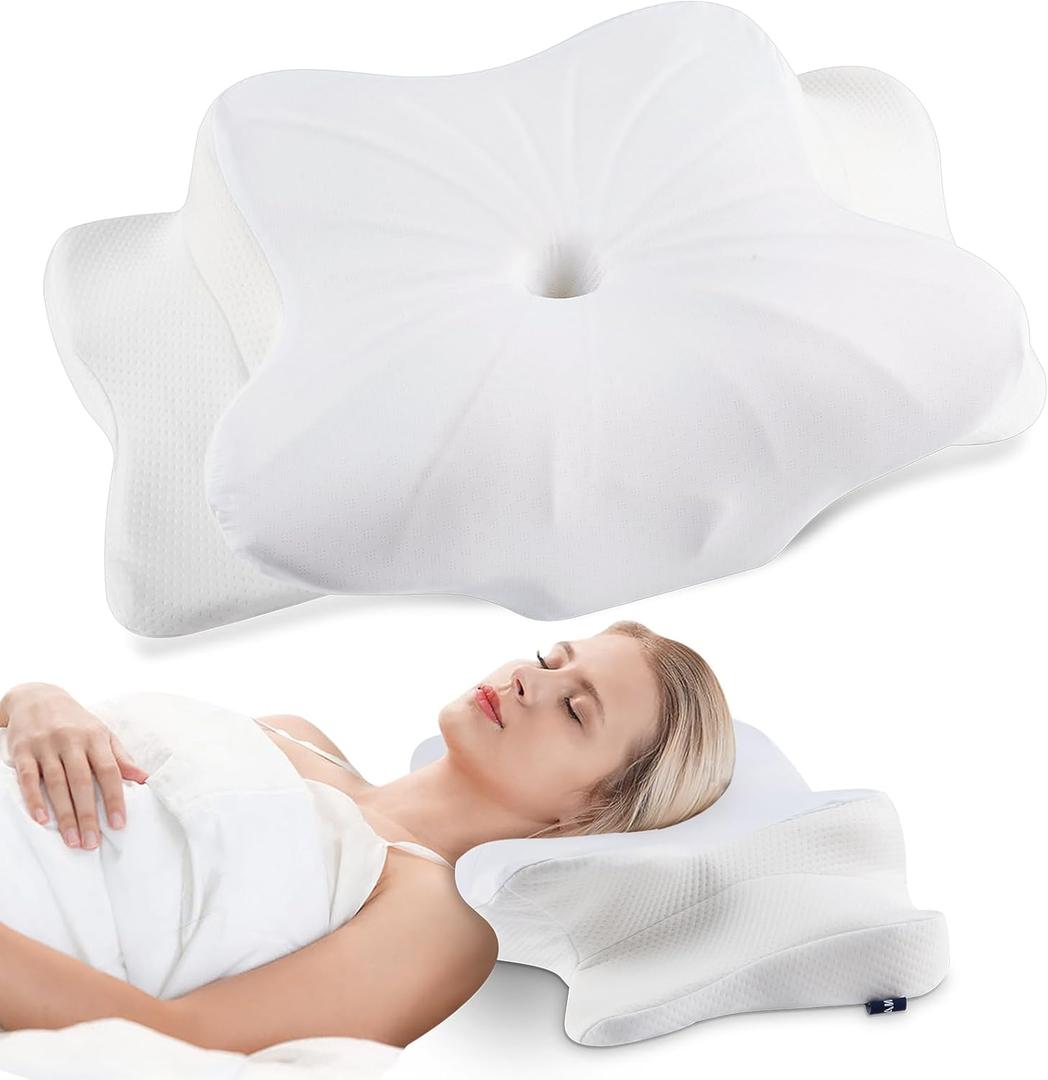 Cervical Neck Pillow for Neck Pain Relief  Memory Foam Cervical Pillow, Orthopedic Contour Neck Support Pillow, Cooling Side Sleeper Pillow for Back & Stomach Sleepers (Queen, White)