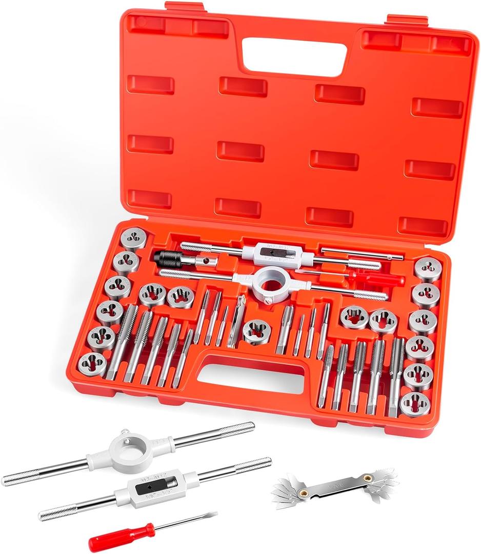 EFFICERE 40-Piece Premium Tap and Die Set, SAE Unified Screw Thread, Size #4 to 1/2 | Include UNC Coarse, UNF Fine and NPT Threads | Essential Threading Tool Kit with Complete Handles and Accessories (40-Pc. SAE Unified Set)