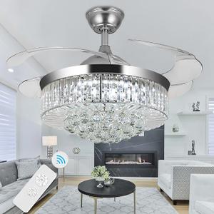 WWahuayuan 36" Chandelier Ceiling Fan Light, Modern Retractable Invisible Ceiling Fan Light Remote Control 4 Retractable ABS Blades for Bedroom Living Room Dining Room Decoration