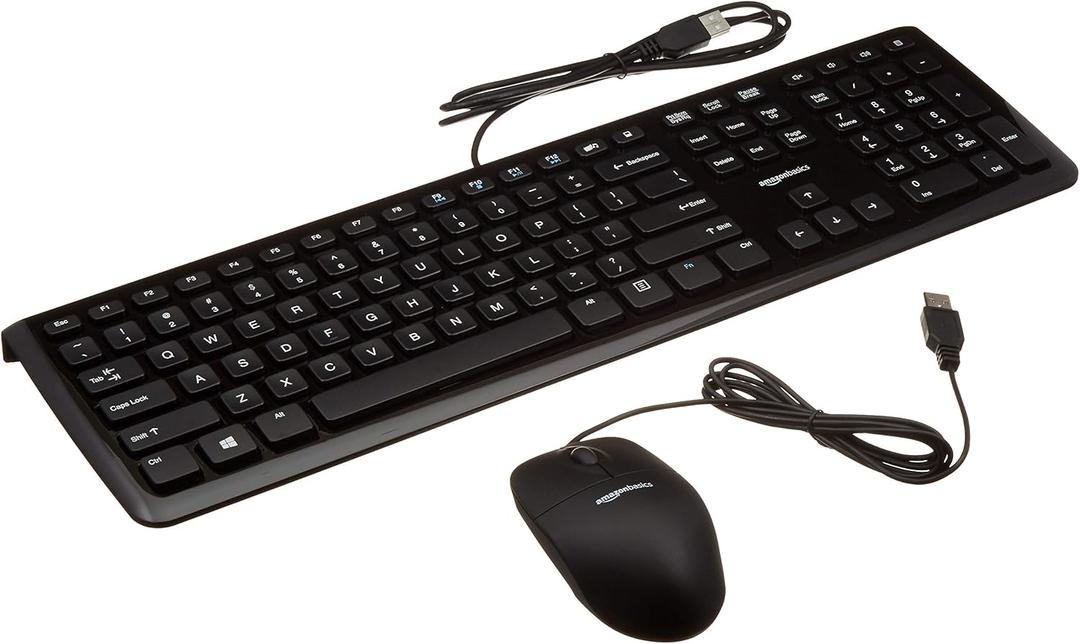 Amazon Basics Wired USB Computer Keyboard and Mouse Bundle, Full-Sized, QWERTY Layout, Responsive Keys for Comfortable Typing with Volume Control, Black